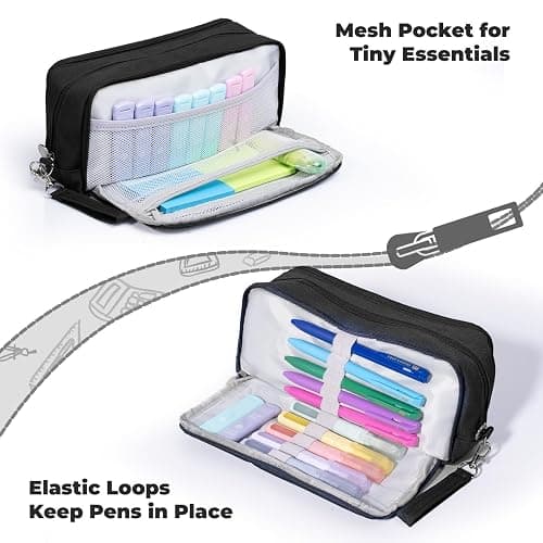 Four Candies Pencil Case 3 Compartment, Large Pencil Case with Removable Handle & Zipper, Cute Stationery Organizer for Markers, Makeup Bag, Cute Pencil Bag for Office College, Black thumbnail 3