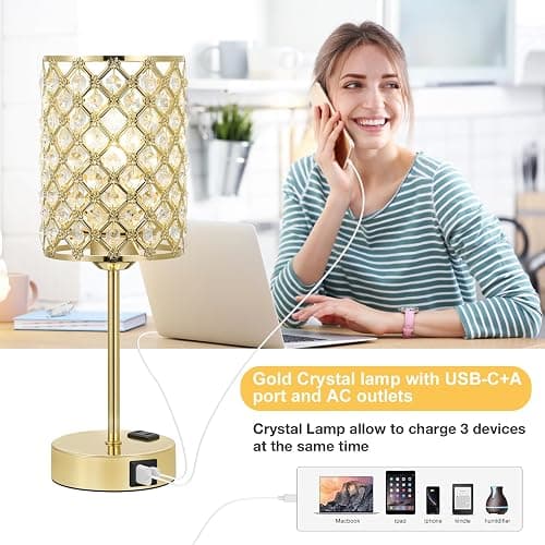 Hong-in Gold Lamps for Night Stands-Crystal Table Lamp with USB-C+A & AC Charging Ports, 3-Way Dimmable Nightstand Touch Lamp, Bedside Desk lamp for Bedroom Living Room Home Office thumbnail 4