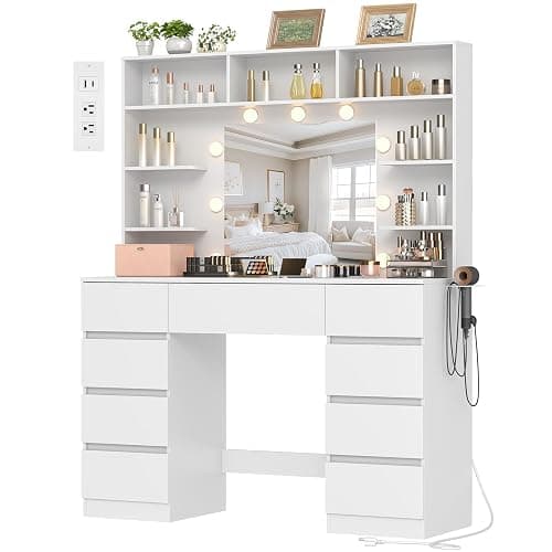 Vanity Desk with Mirror and Lights,43" Makeup Vanity Table with 9 Drawers and 7 Storage Shelves, Power Outlet & Adjustable LED Lights, Dressing Table for Bedroom,White - Image 1