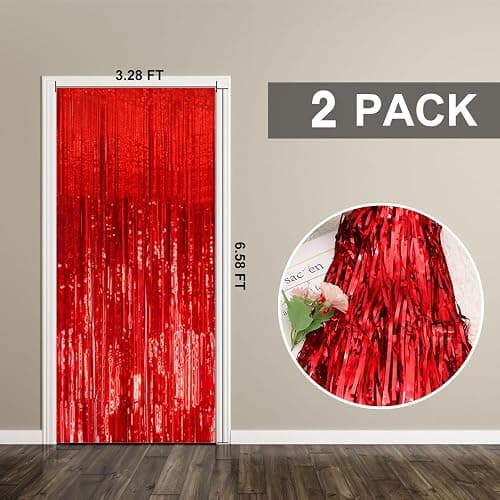 2 Pack Foil Curtain Backdrop Red Metallic Tinsel Foil Fringe Curtains Photo Booth Props for Birthday Wedding Engagement Baby Shower Bachelorette Christmas Holiday Celebration Party Decorations thumbnail 7