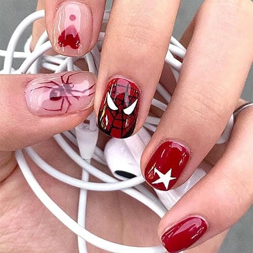 Halloween Press on Nails Short Spider Fake Nails Red Square False Nails with Spider Web Designs Acrylic Nails for Women Girls Men Halloween Manicure Art Decorations - 7