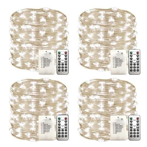 WSgift Christmas 4 Pack 33Ft 100 Cool White Led Fairy Lights Battery Operated with Remote Control Timer Waterproof Silver Copper Wire Twinkle Lights - Image 1