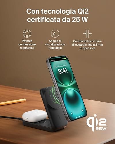 Belkin UltraCharge Caricatore iPhone Qi2, Stazione di Ricarica Wireless 2 in 1 25W, Caricatore Wireless Compatibile con MagSafe per iPhone, AirPods, Pixelsnap con Porta USB-C e Adattatore 45W, Nero thumbnail 7