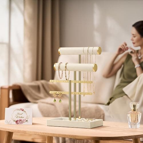 Bracelet Holder Jewelry Organizer Display - Beige Jewelry Velvet Stand,  3 Tier T Bar Storage for Bracelet, Necklaces, Earrings, Rings, Watches thumbnail 2