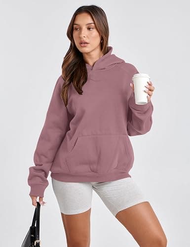 Lauweion Women Solid Basic Fleece Letter Loose Hoodie Sweatshirt Long Sleeve Kangaroo Pocket Drop Shoulder Pullovers Top thumbnail 4