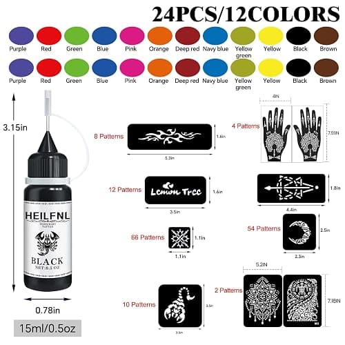 Temporary Tattoo Kit with 24 Bottles 12-Color Ink, 155 Tattoo Stencils | DIY Fake Tattoos for Adults, Men, Women, Teens, Perfect for Parties, Festivals, Body & Hand Painting thumbnail 2