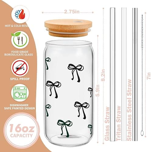 BIPEDS Cute Black Bow Glass Cup with Lid and Straws, Iced Coffee Smoothie Matcha Cup Tumbler, Birthday Gifts for Women Coffee Lover Teenage 13 14 15 16 17 18 19 years old Teen Girl Gifts Trendy Stuff thumbnail 3
