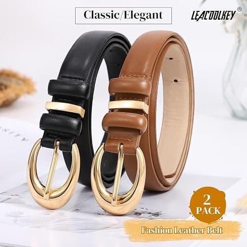 2 Pack Women Leather Belts for Jeans Dress Fashion Ladies Belt with Gold Silver Buckle thumbnail 7