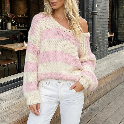 Women Y2K Striped Oversized Sweater Crewneck Long Sleeve Vintage Aesthetic Knit Pullover Tops Teens Cute Preppy Sweater thumbnail 6