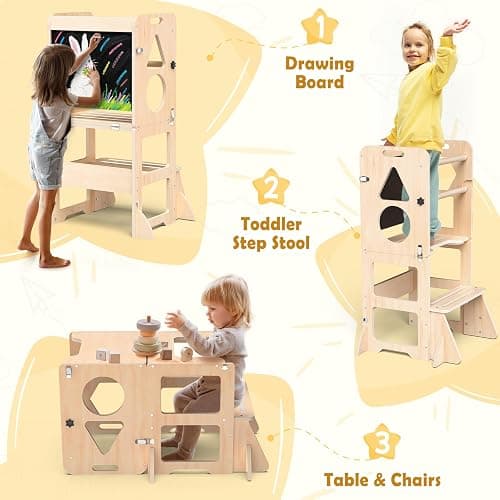 Woodure 4-in-1 Toddler Kitchen Step Stool, Foldable Learning Standing Tower with Blackboard, Wooden Kitchen Stool Helper for Kids, 1-3 Year Old Boy Girl Gifts thumbnail 4