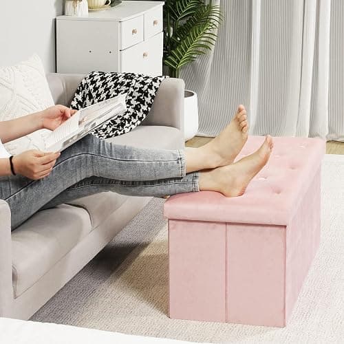 B FSOBEIIALEO Folding Storage Ottoman, Long Ottomans Shoes Bench, Velvet Storage Chest Footrest Seat 31.5"x15.7"x15.7" (Pink, Large) thumbnail 5