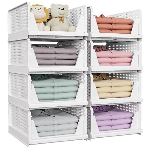 SNSLXH 5 Pack Stackable Closet Storage Basket, Multifunctional & Foldable Closet Organizer for Bathroom Kitchen Laundry Room Wardrobe Storage, Space-Saving Clothes Storage Drawer Organizer, White thumbnail 9