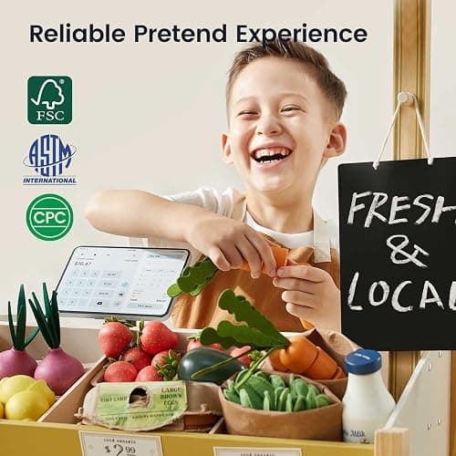 Tiny Land Wooden Play Store Pretend Grocery Store Role Play Toy | Pretend Farmers Market & Coffee Shop with Cash Register, DIY Price Tags, Chalkboard for Toddlers thumbnail 4