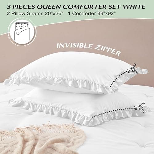 HARBOREST Queen Comforter Set White - Ruffle Comforter for Queen Size Bed, Fluffy Queen Size Comforter Set for All Seasons, 3 Pieces(1 Comforter & 2 Pillow Shams) thumbnail 6