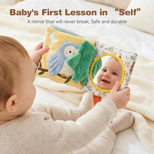 Macabaka Montessori Soft Baby Book - Sensory Book for Babies 0-12 Months with Crinkle Paper, Touch & Feel Textures, Baby Safe Mirror & Teether. Educational Infant Toys for Tummy Time, Newborn thumbnail 3