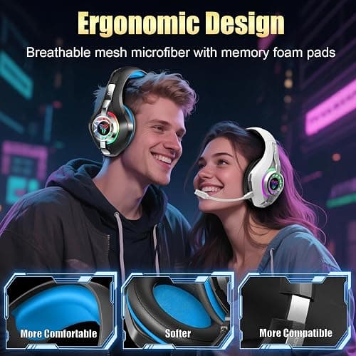 2.4GHz Wireless Gaming Headsets for PS5/PS4/Switch, 2026 RGB Noise Cancelling Over-Ear Headphones with 7.1 Surround Sound, 40mm Drivers, 276g Ultraligero, Memory Foam, 45H Xbox Gaming Headphones thumbnail 6
