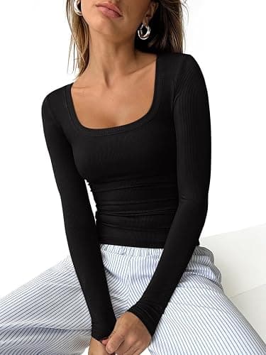 REORIA Long Sleeve Shirts for Women Scoop Neck Going Out Slim Basic Tshirts 2025 Trendy Tops Ribbed Knit Fall Outfits thumbnail 2