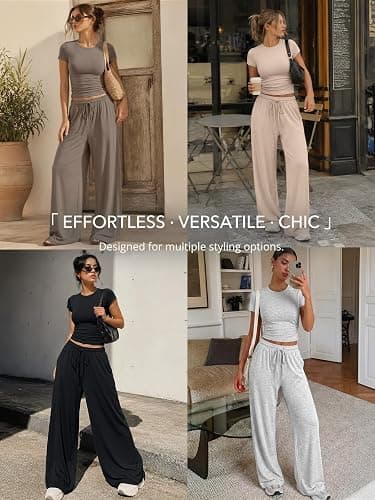 Trendy Queen Women's 2 Piece Matching Summer Lounge Set with Pockets | Vacation Airport Travel Outfits, Workout Gym Clothing Comfy Athleisure Clothes, Side-ruched Top, Drawstring Wide Leg Pants thumbnail 6