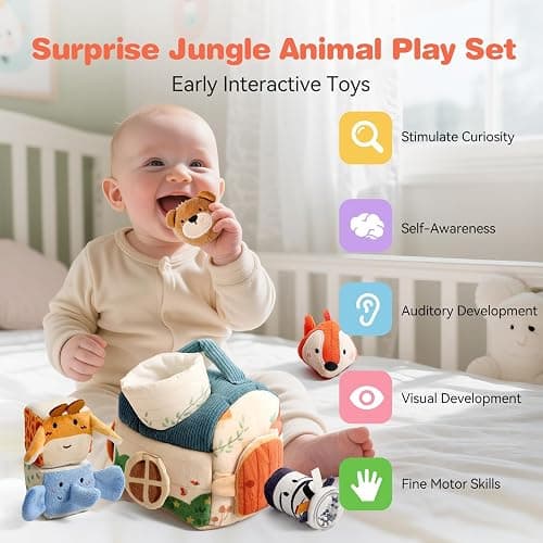 Youuys Travel Sensory Toys for Babies 6-12 Months & Toddlers 1-3 Year Old On-The-Go Montessori Soft Stuffed Animal Set with Crinkle, Rattle, Safe Mirror Educational for Kids Boy Girl thumbnail 9