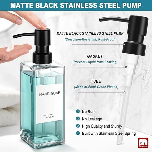 GMISUN Glass Soap Dispenser with Stainless Steel Pump, Clear Hand Soap Dispenser for Bathroom, 12 fl oz/350ml Hand and Dish Soap Dispensers Set for Kitchen, Refillable Liquid Soap and Lotion Bottle thumbnail 4