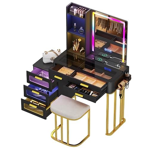 HNEBC Vanitys with HD Glass Display Table, Makeup Desk with Lighted Mirror and Charging Station, Dressing Table with RGB Lights,Jewelry Organizer,Cabinet,6Drawers,Chair for Women/Girls (Black) thumbnail 6