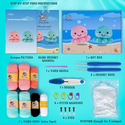 Crochetta Crochet Kit for Beginners, Amigurumi Crocheting Animals Kits w Step-by-Step Video Tutorials, Knitting Starter Pack for Adults and Kids, Jumbo 2 Octopus Familly (40%+ Yarn Content) thumbnail 2