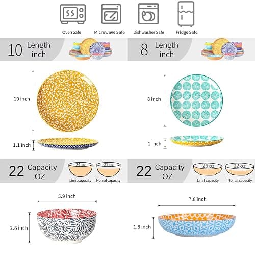 Selamica Ceramic Plates and Bowls Sets,24 Pieces Dinnerware Sets for 6,Scratch Resistant Dish Set for holiday gathering,Dishwasher & Microwave Safe, Assorted Colors thumbnail 3