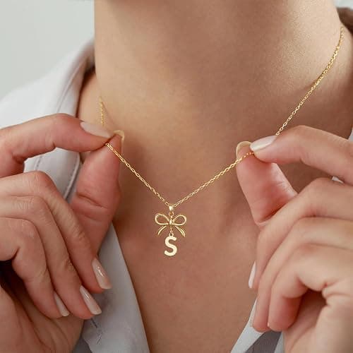 JIAOGE Christmas Gifts for Women Teen Girls Kids - Gold/Silver Bow Necklace Dainty Initial Necklaces for Women Girls Gold Necklace for Women Birthday Gifts for Womens Teen Girl Gifts for Girls Jewelry thumbnail 5