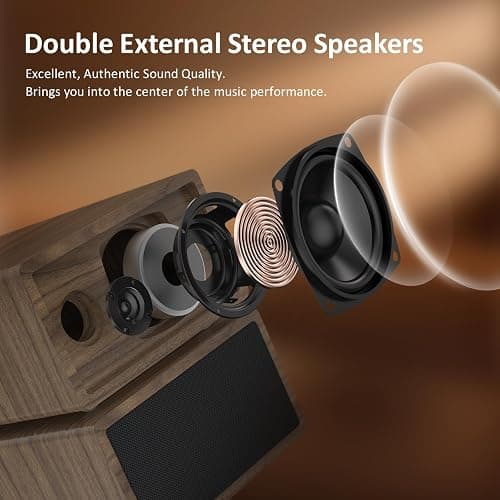 Vinyl Record Player with Dual Stereo Bookshelf Speakers Vintage Turntable with Bluetooth Wireless Playback Belt Drive 3-Speed Playback Record Player Support RCA Out Auto Stop thumbnail 4
