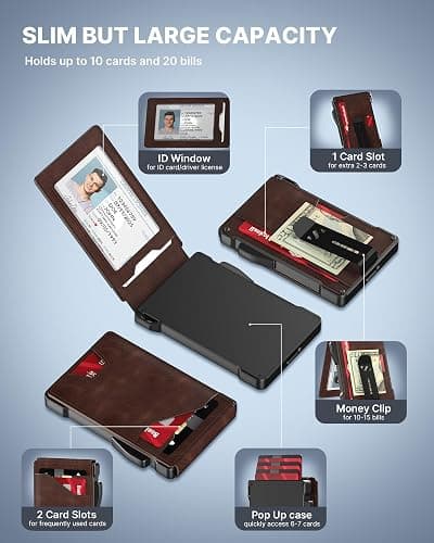 typecase Tactical Wallet for Men Card Holder: Pop Up Card Case, Genuine Leather, Smart, RFID Blocking, Slim, Minimalist, Thin, Front Pocket - 9-13 Card Capacitiy, ID Window, Money Clip (Brown) thumbnail 3