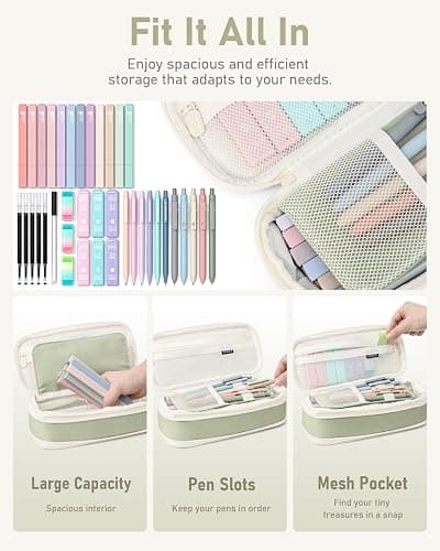 Four Candies 39 PCS Aesthetic School Supplies with Cute Pen Case, 12 Pastel Highlighters, 5 Black Ink Gel Pens, 6 Mechanical Pencils Set 0.5 & 0.7 mm for Students Stationery College Essentials (Green) thumbnail 2