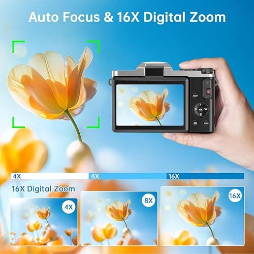 4K Digital Camera for Photography with WiFi 64MP Auto-Focus Vlogging Camera for YouTube Video 3'' 180° Flip Screen 4K Cameras 16X Zoom Anti-Shake Compact Point and Shoot Cameras with SD Card thumbnail 5