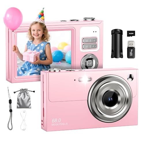 Digital Camera for Kids & Beginners 64GB SD Point and Shoot Digital Cameras | Compact pink digital camera & vlogging camera for kids. Durable drop-resistant design with tripod & 16X zoom for travel. - Image 1