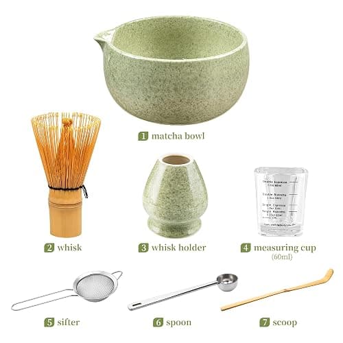 YIBO Matcha Whisk Set With Bowl, Ceramic Matcha Making Kit Includes Bamboo Whisk (Chasen), Holder Stand, Powder Starter Sifter, Scoop, Measuring Spoon & Cup Tea Tools For Ceremony (Mottled Green) thumbnail 6