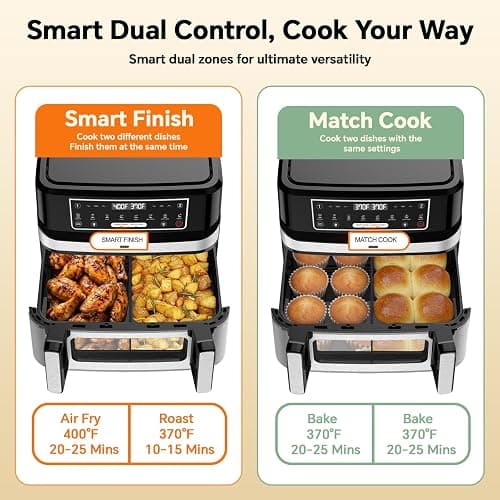 Emphsism 1600W Dual Zone Air Fryer Oven,12.69QT with Divider,Nonstick & Dishwasher-Safe Basket,Match Cook & Smart Finish to Roast,Recipes for Easy Cooking,Digital Touchscreen,Metal Sliver thumbnail 3