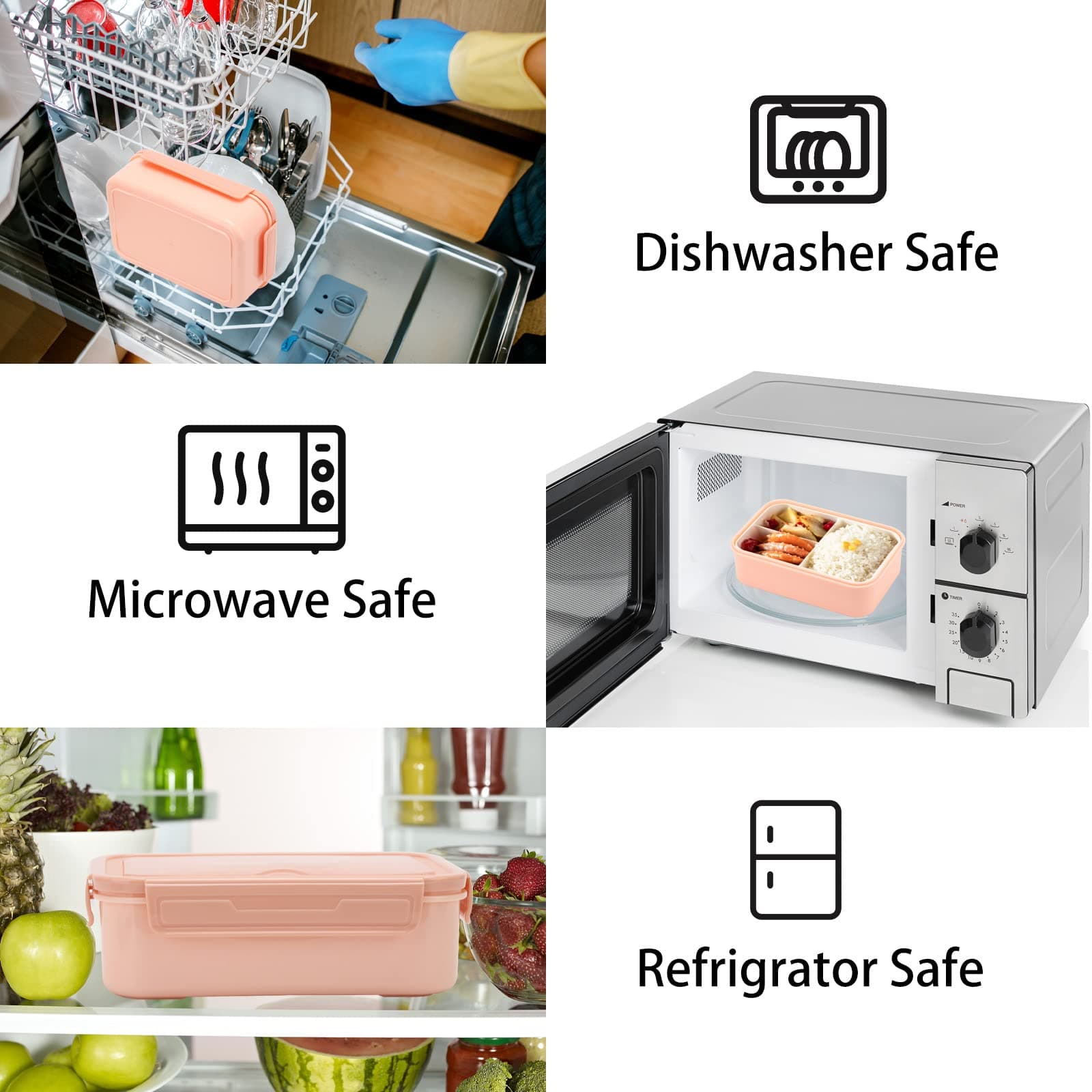 Bento Boxes for Adults and Kids, 1100 ML Lunch Box with 3 Compartment and Utensil Set, Leakproof Lunchbox Food Container for Dinning out, Work, School, Picnic - Pink thumbnail 6