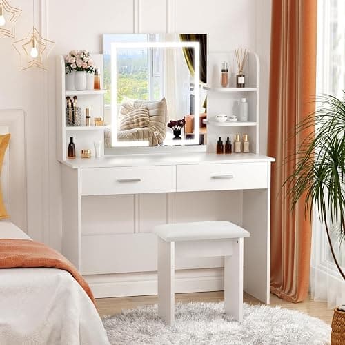 SMOOL Vanity Desk with Lighted Mirror - Makeup Vanity Table with 3 Color Light Options Adjustable Brightness, Vanity with 6 Storage Shelves, 2 Large Drawers, Vanity Set for Girls Women, White thumbnail 7