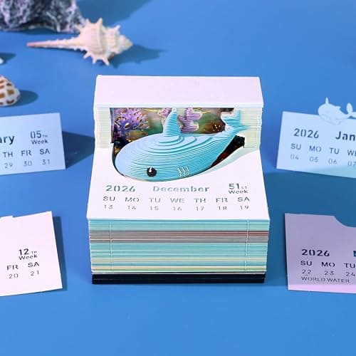 3D Calendar Notebook, Paper Material, 8.5x8.5x6.8cm, LED Light-Up Feature, Weekly Planner with Protective Acrylic Case, Gift Giving (shark) thumbnail 2