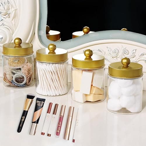 Amolliar Qtip Holder Dispenser - 8 oz Plastic Apothecary Jar Containers for Vanity Makeup Countertop Organizer Storage -Bathroom Canister Accessories Set for Cotton Swab, Ball, Pads, Floss-Gold (6) thumbnail 5