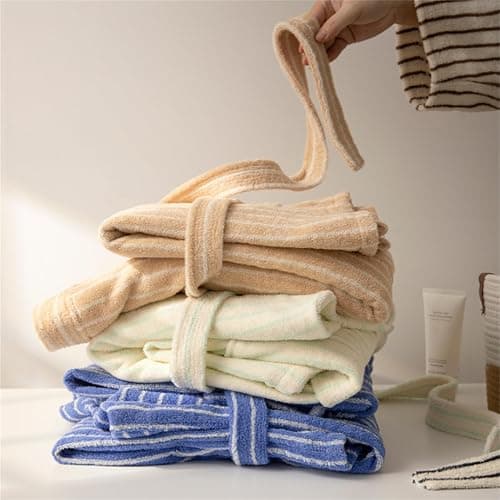 Striped Terry Cloth Robe for Women Men, Soft Cotton Towel Kimono Bathrobe with Pockets, Knee-Length Spa Hotel Loungewear thumbnail 5