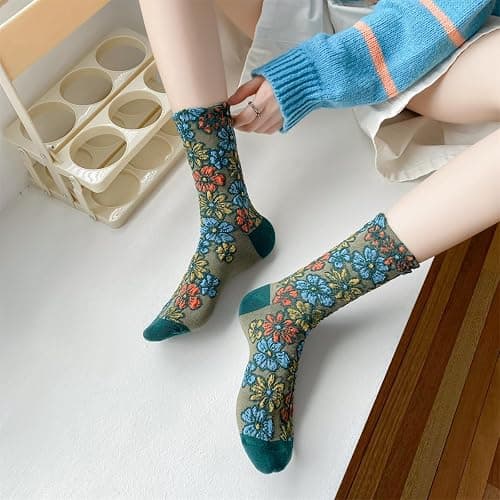 FORJMMP Vintage Embroidered Floral Socks for Women, Combed Cotton Crew Socks thumbnail 7