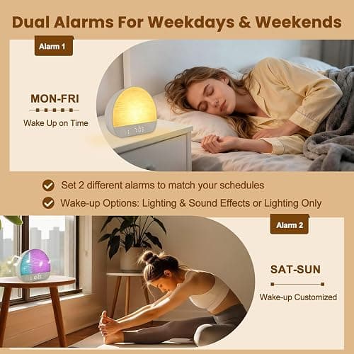 Sunrise Alarm Clock Sound Machine, Natural Wake Up Light - Bluetooth Speaker, Dual Alarms, Dimmable Clock, USB Charging, Snooze, 37 Sleep Sounds, 15 Colors, Timer- Night Light for Heavy-Sleepers Gift thumbnail 8