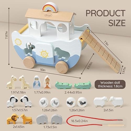 Joyreal Wooden Noah's Ark Toy for 1 Year Old Baby Boy and Girl Baptism Gift - Neutral Color Montessori Educational Toy with Animal Shape Sorter - Christian Toys for Toddler 1-3 Christmas Birthday Gift thumbnail 3