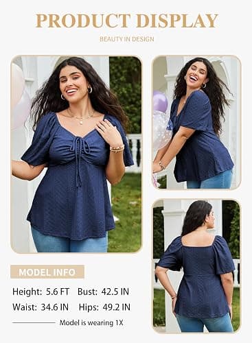 Eytino Womens Plus Size Tops Sweetheart Neck Short Sleeve Eyelet Embroidery Summer Loose Peplum Shirts(1X-5X) thumbnail 3