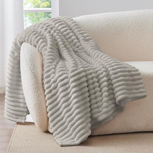 BEDELITE Fleece Throw Blanket for Couch - 300GSM Soft & Warm Fluffy Light Grey Blanket, Decorative and Giftable Striped Blankets for Women, Men, 50"x60" thumbnail 7