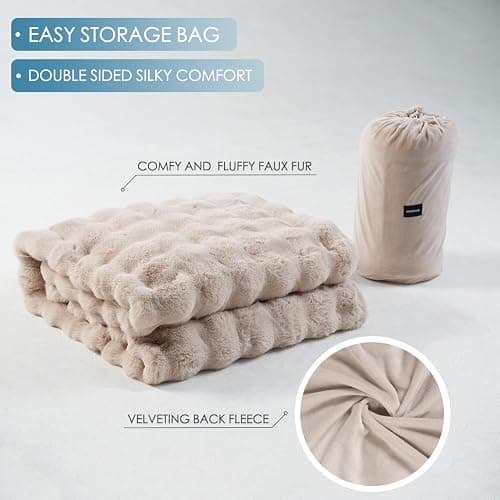 Super Comfort Oversized Warm Thick Bubble Luxury Plush Rabbit Faux Fur Throw Blanket, Fluffy Blanket,Soft Cozy Blanket for Couch Chair Bed Sofa Living Room (Wheat, 60inX80in) thumbnail 5