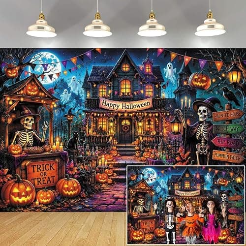 Duluxykl 10x8ft Halloween Spooky Skeleton Ghost Photography Backdrop, Horror Castle Scary Pumpkin Black Cats Background, Fall Halloween Trick or Treat Party Banner Magic Witch Wall Decor Photo Props thumbnail 2