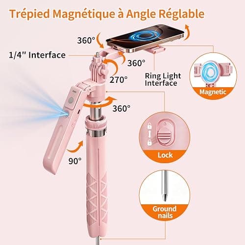 Rose Magnétique Automatique Visage Suivi Trépied avec Lumière, 180 cm Trépied Rotatif à 360° pour Smartphone, Aucune Application Requise pour Les Diffusions en Direct et Les Enregistrements Vidéo thumbnail 7