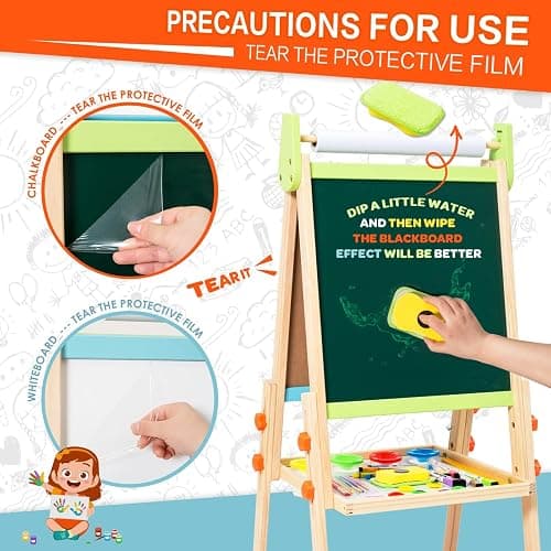 Kids Easel Including 100+ Accessories, Rundad Double Sided Wooden Easel for Kids Age 3-8 with Magnetic Chalkboard & Painting Board, Free Height Adjustable Art Easel Supplies for Toddlers thumbnail 7