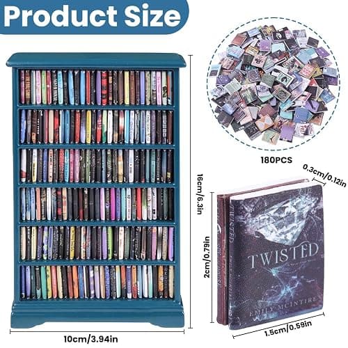 DIYDEC Mini Bookshelf with 180pcs Mini Books Miniature Blue Bookshelf Ornament Tiny Small Library Decor Shake Away Your Anxiety for Book Lovers Gift Home Room Office thumbnail 3
